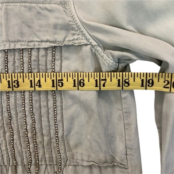 Zara Western Shirt Crystal Fringe Button Front Long  Sleeve Sage Green Small - Picture 6 of 10